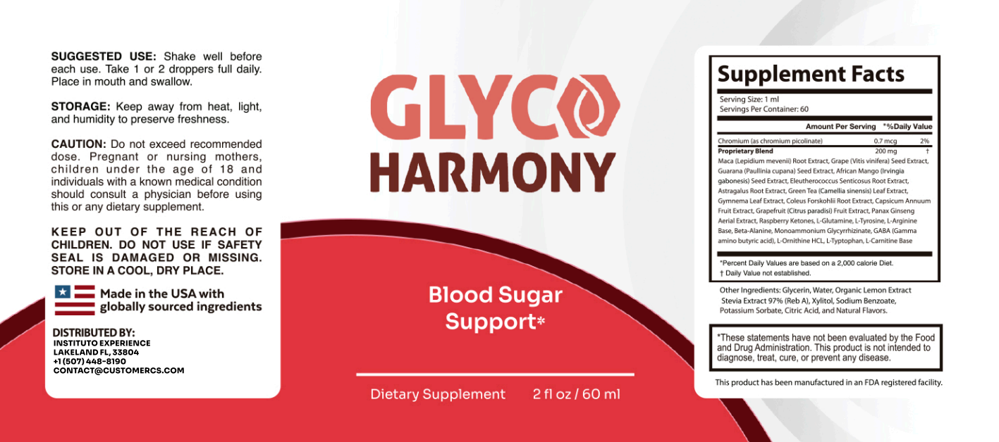 Full product label of GlycoHarmony liquid dietary supplement showing Supplement Facts, suggested use, and ingredients like Maca and Grape Seed Extract for blood sugar support.
